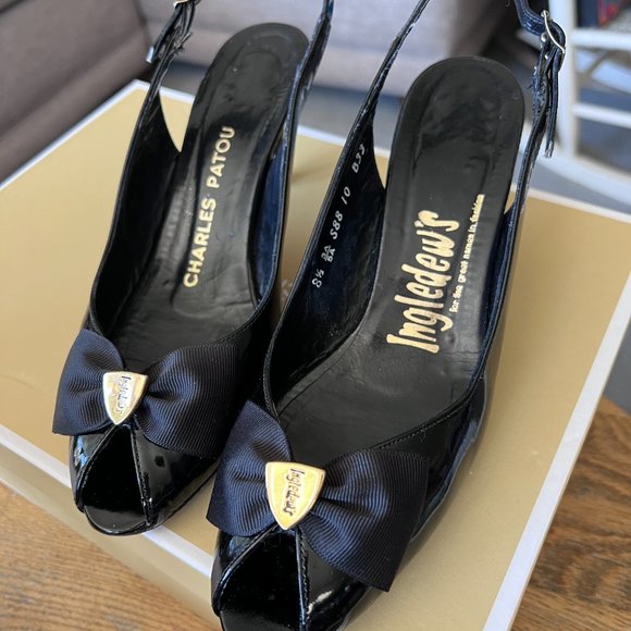 Vintage Patent Leather INGLEDEWS Charles Patou Slingback Heel Shoes Bow Size 8.5 - Picture 1 of 6